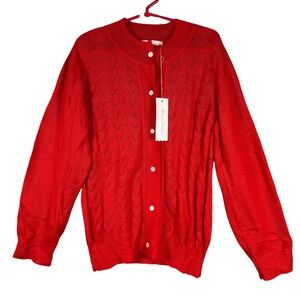 flora and henri Cashmere Laurel Leaf Cardigan Kids 10Y Red Pointelle Knit 37956